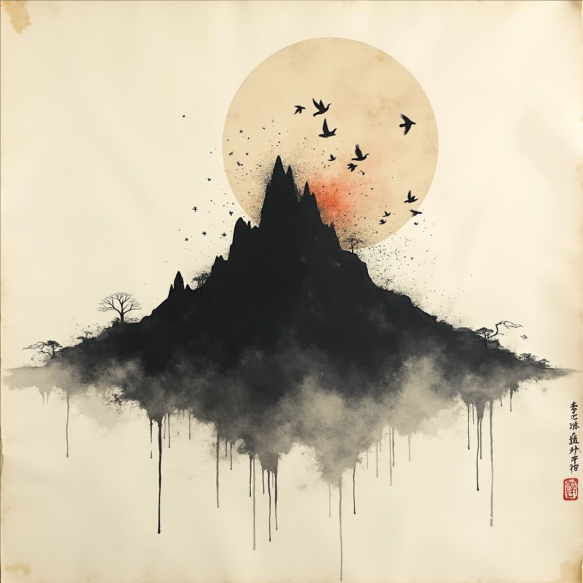 Abstract artwork: Mountain Forgetting Itself in Sumi-e Glitch style