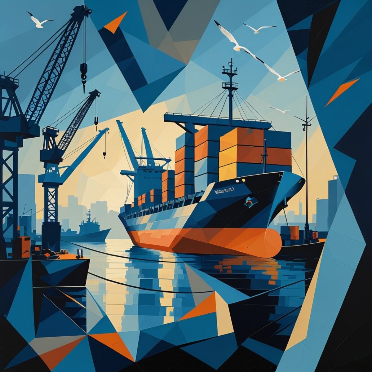 Abstract artwork: Harbor Cranes at Dawn in Cubism style