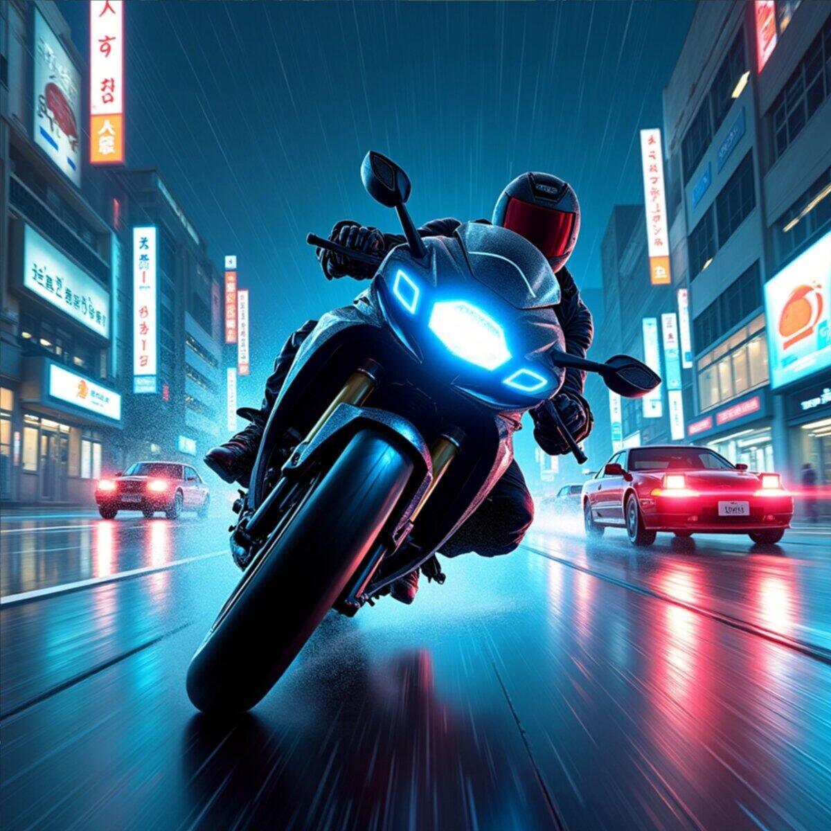 Action artwork: Neon Pursuit - High-Speed Chase Through Neo-Tokyo in Comics style