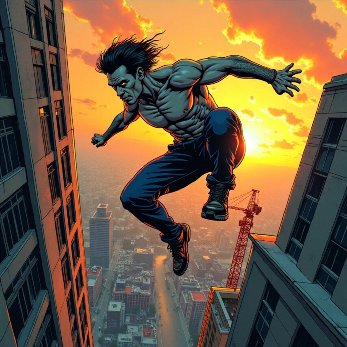 Action artwork: Parkour Rooftop Leap: Defying Gravity Above the City in Comics style