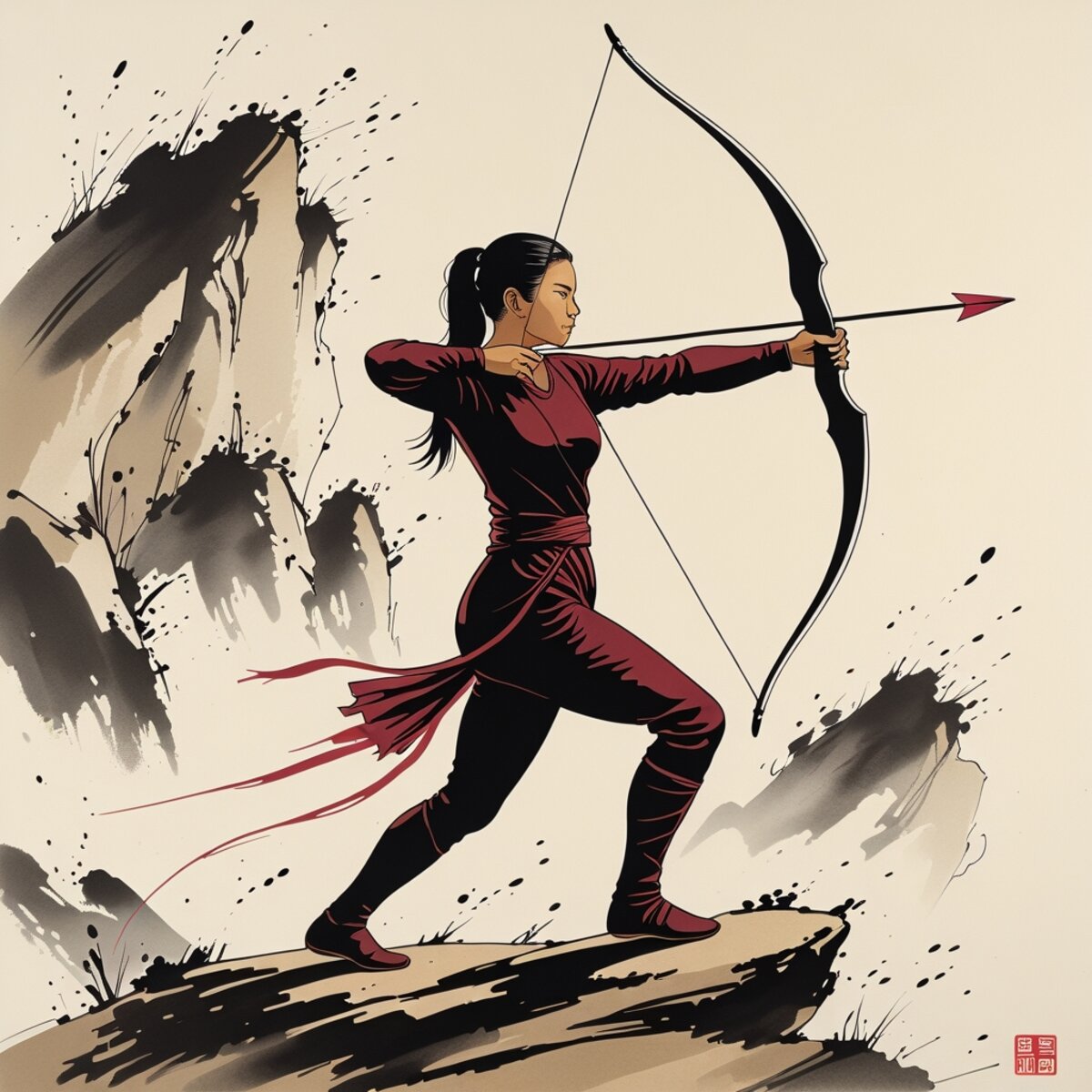 Action artwork: The Archer's Final Arrow in Sumi-e Ink Wash style