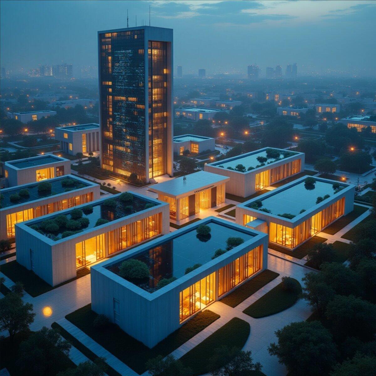 Architecture artwork: Hangzhou AI Research Complex in Photorealistic style