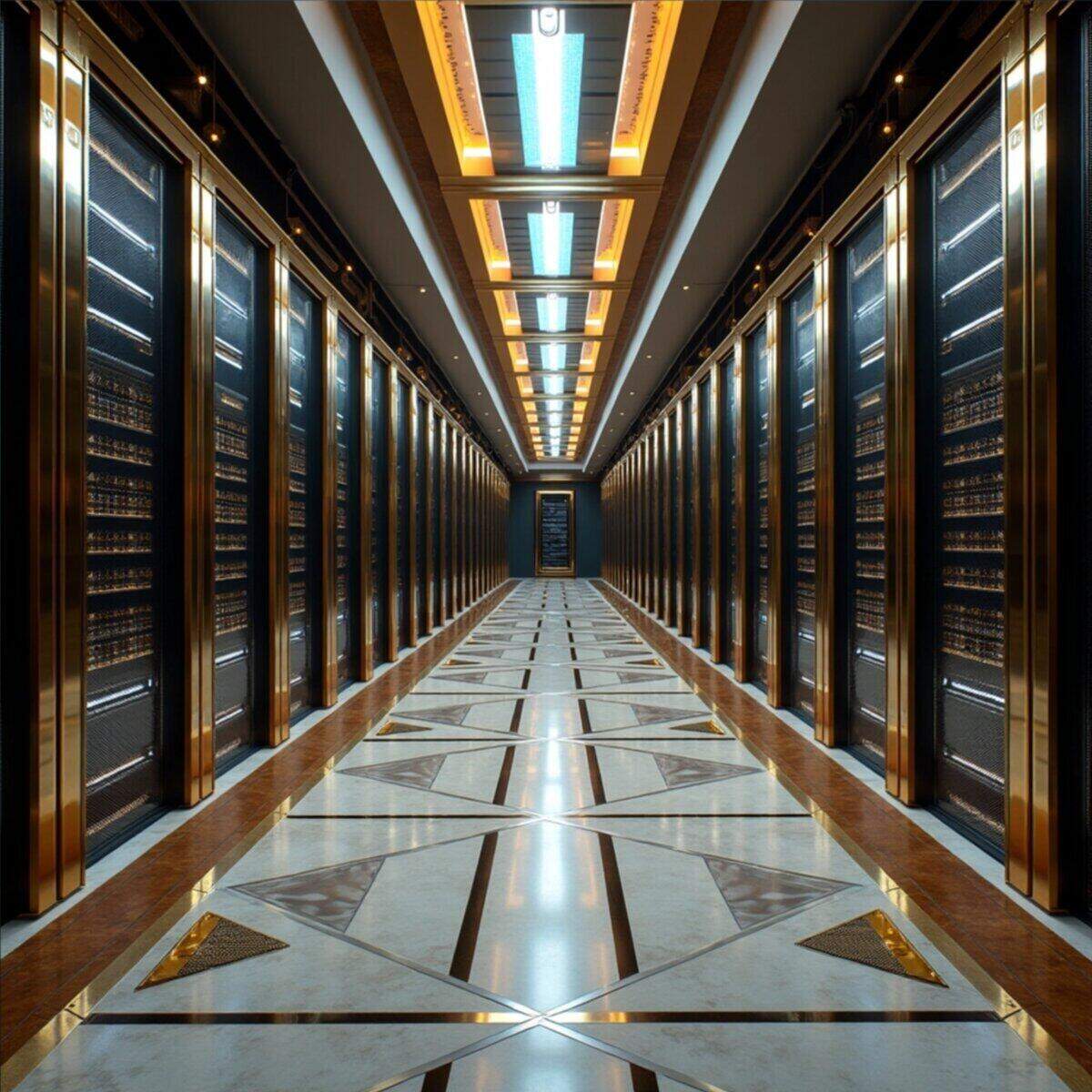 Architecture artwork: The Infrastructure Cathedral: Art Deco Data Center Interior in Art Deco style