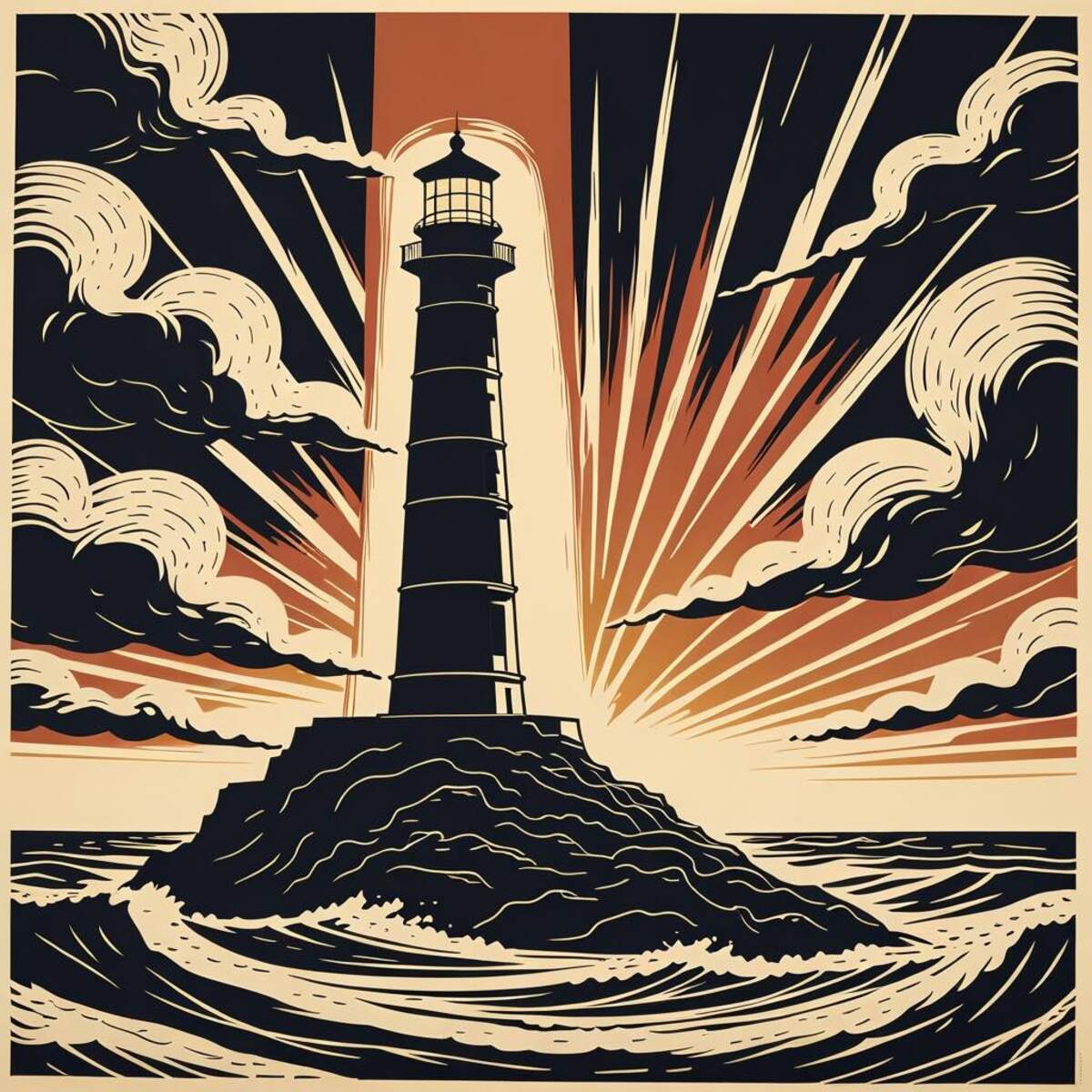 Architecture artwork: The Harbor Lighthouse Relief in Linocut style