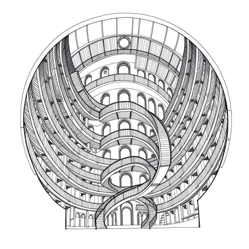 Architecture artwork: The Spiral of Quiet Hours in Line art style