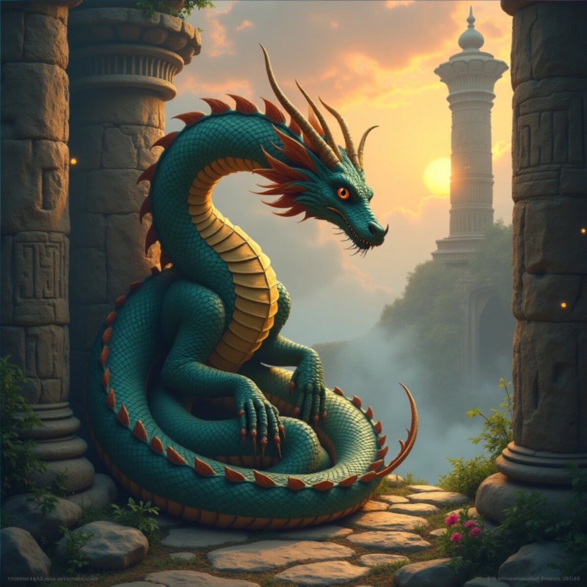 Fantasy artwork: The Temple Guardian: Ancient Dragon Protector in Painterly style