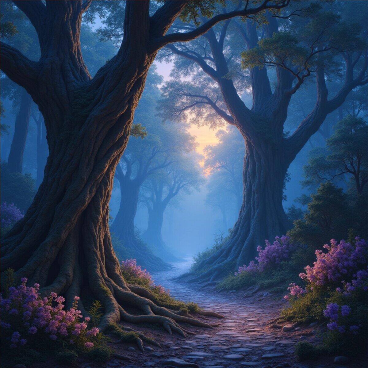Fantasy artwork: Enchanted Twilight Grove in Baroque style