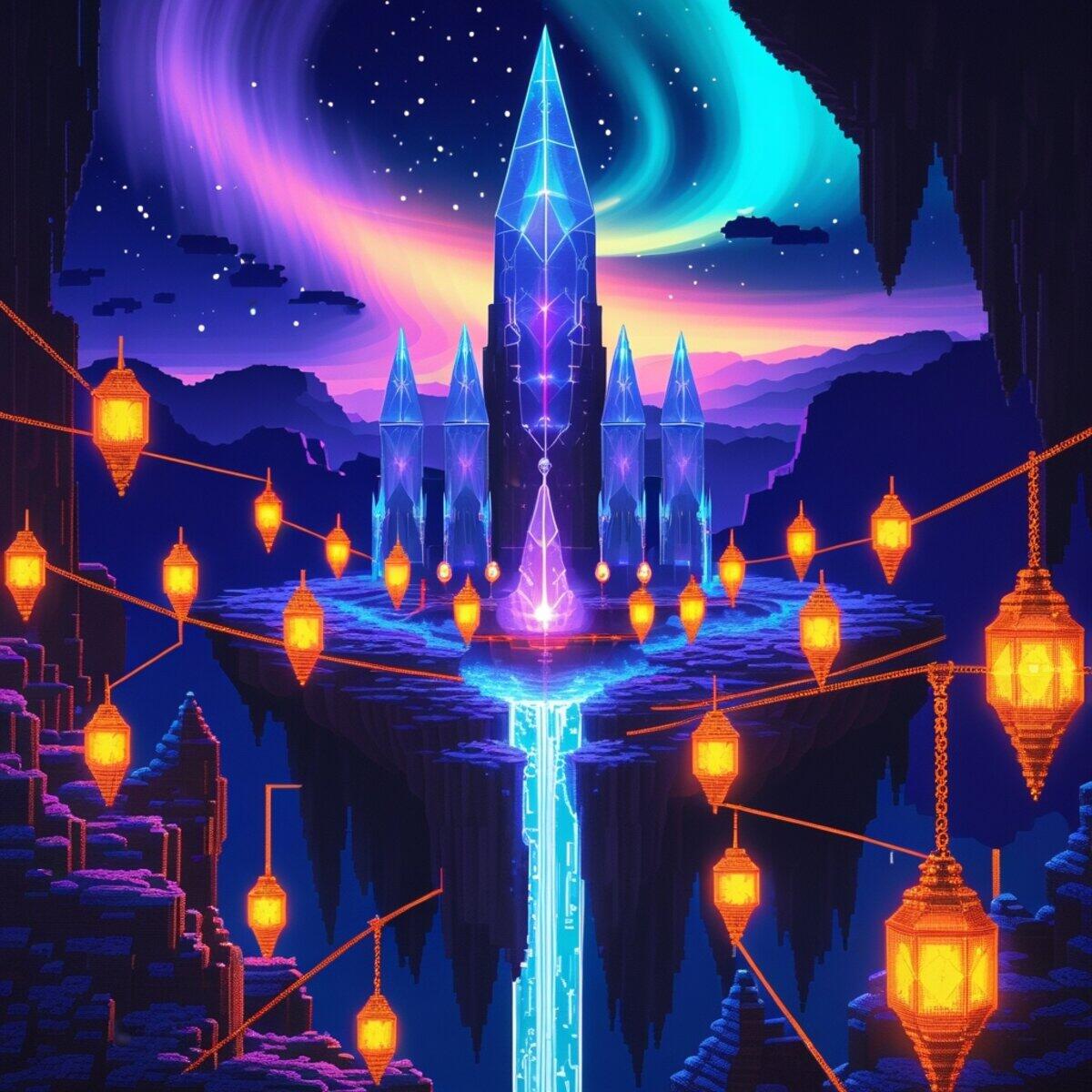Fantasy artwork: Crystal Spire Citadel in Pixel art style