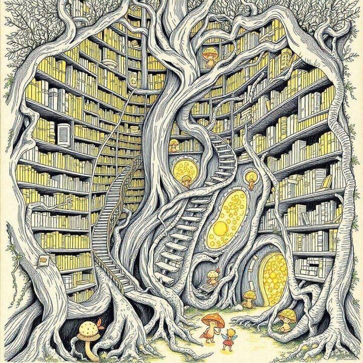 Fantasy artwork: The Living Library in Line art style