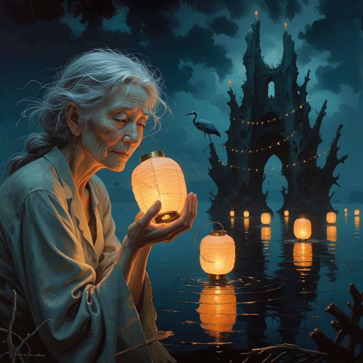 Fantasy artwork: The Lantern Keeper's Tide in Oil painting style