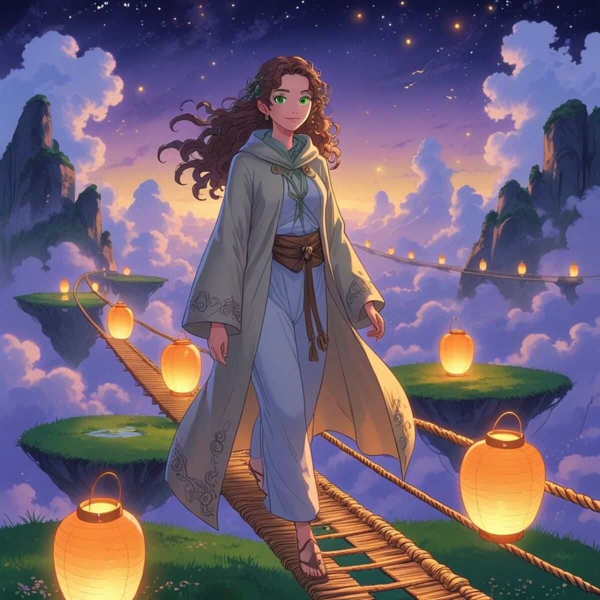 Fantasy artwork: The Lantern-Keeper's Crossing in Anime art style