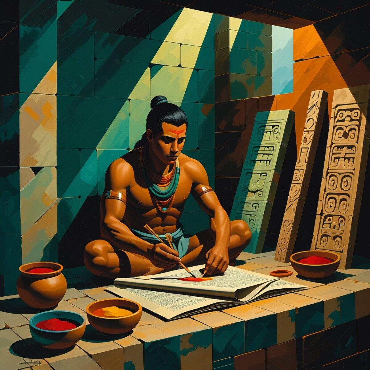 Historical artwork: The Mayan Scribe's Chamber in Cubism style
