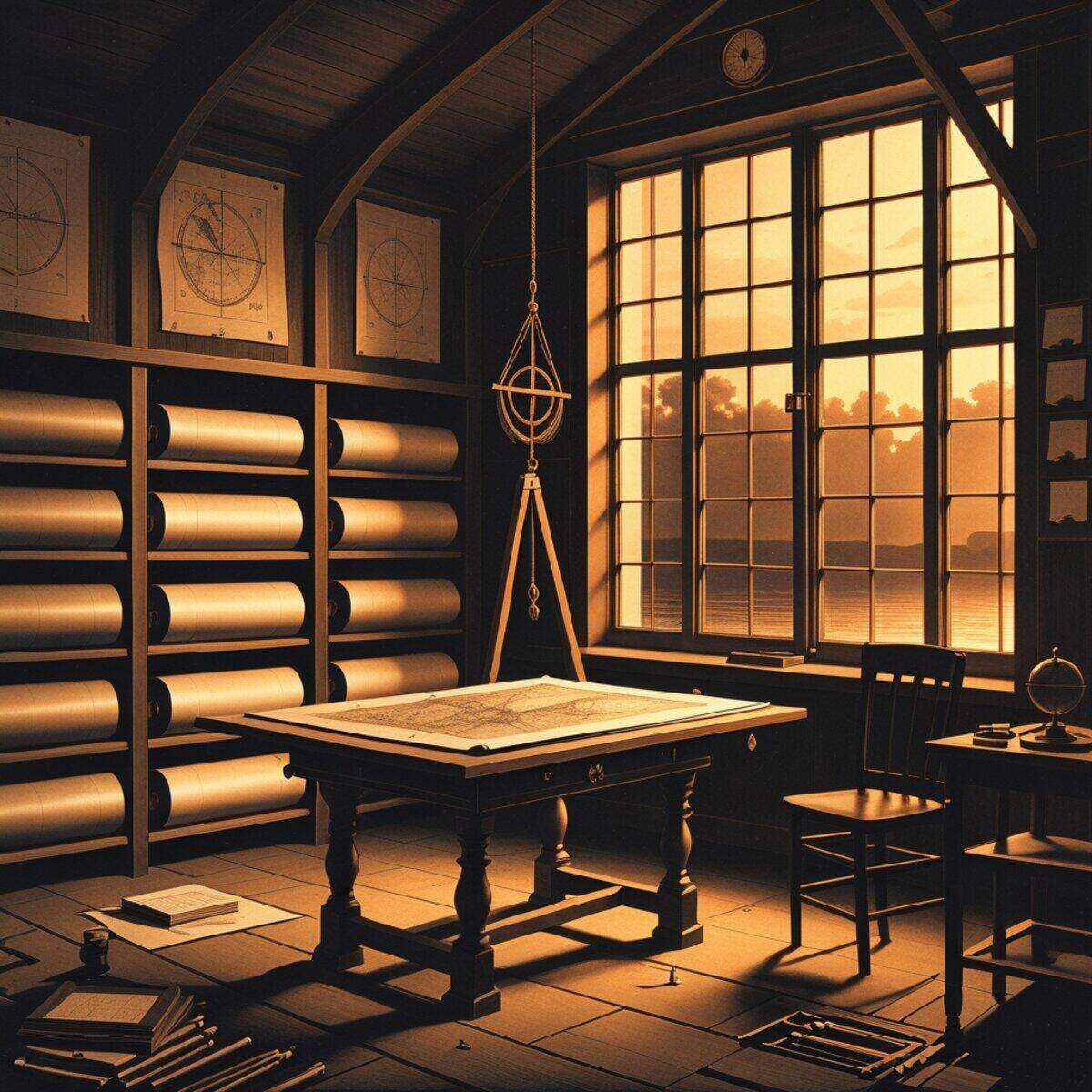 Historical artwork: The Cartographer's Workshop at Dawn in Etching style