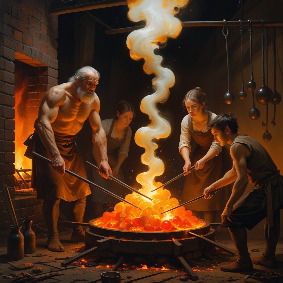 Historical artwork: The Glassblower's Night Furnace in Baroque style