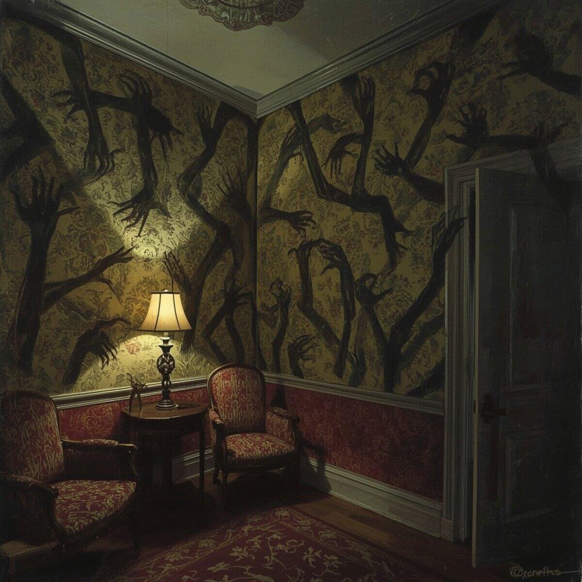 Horror artwork: The Watcher in the Walls in Expressionism style