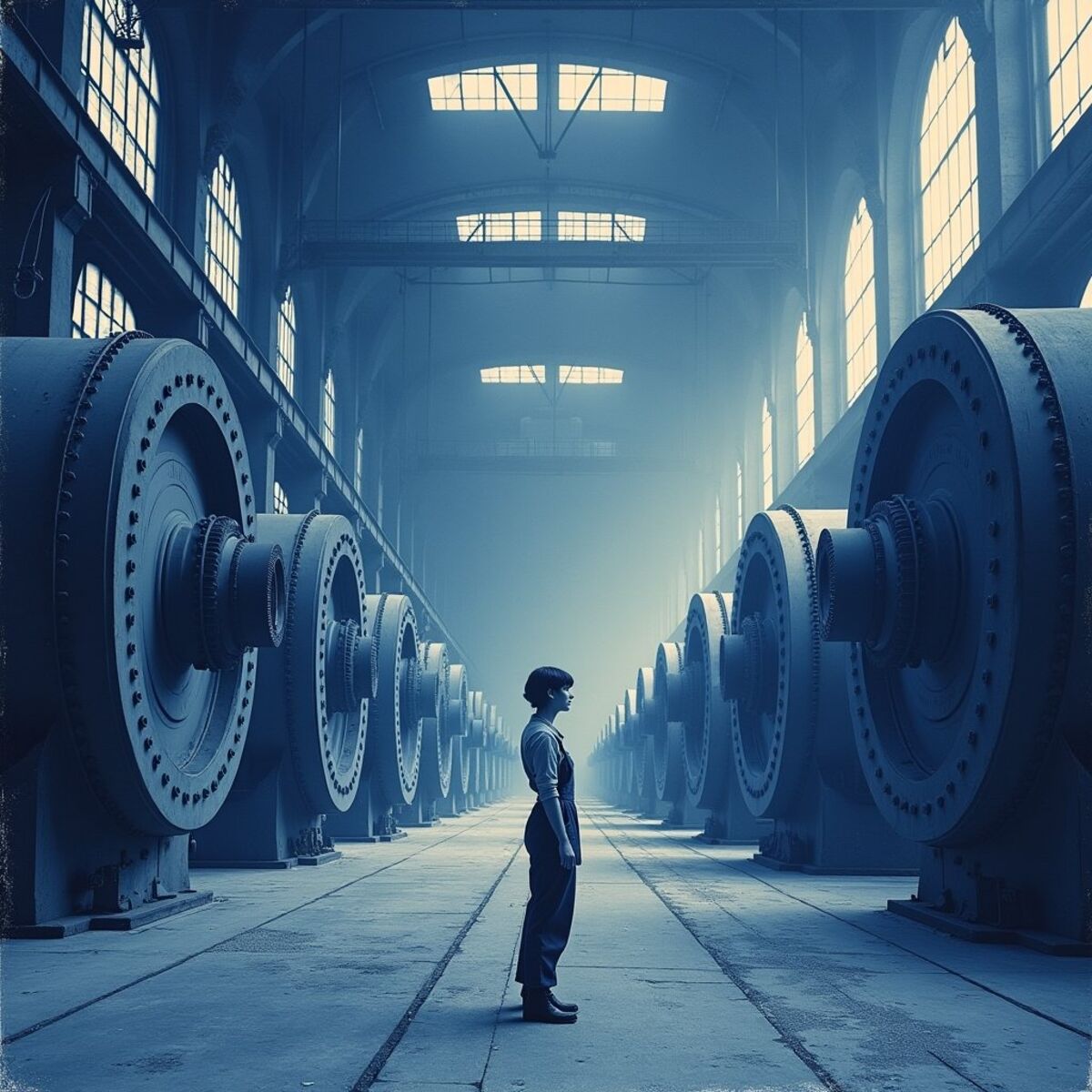 Industrial artwork: The Turbine Hall at Shift Change in Cyanotype style