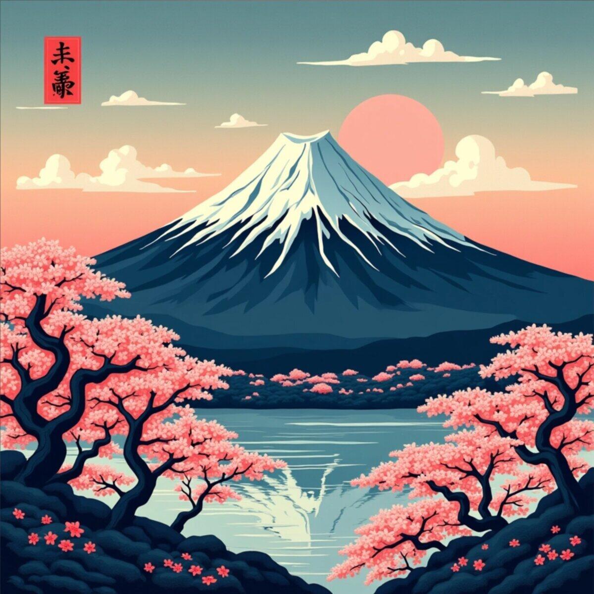 Landscape artwork: Mount Fuji Dawn in Ukiyo-e style
