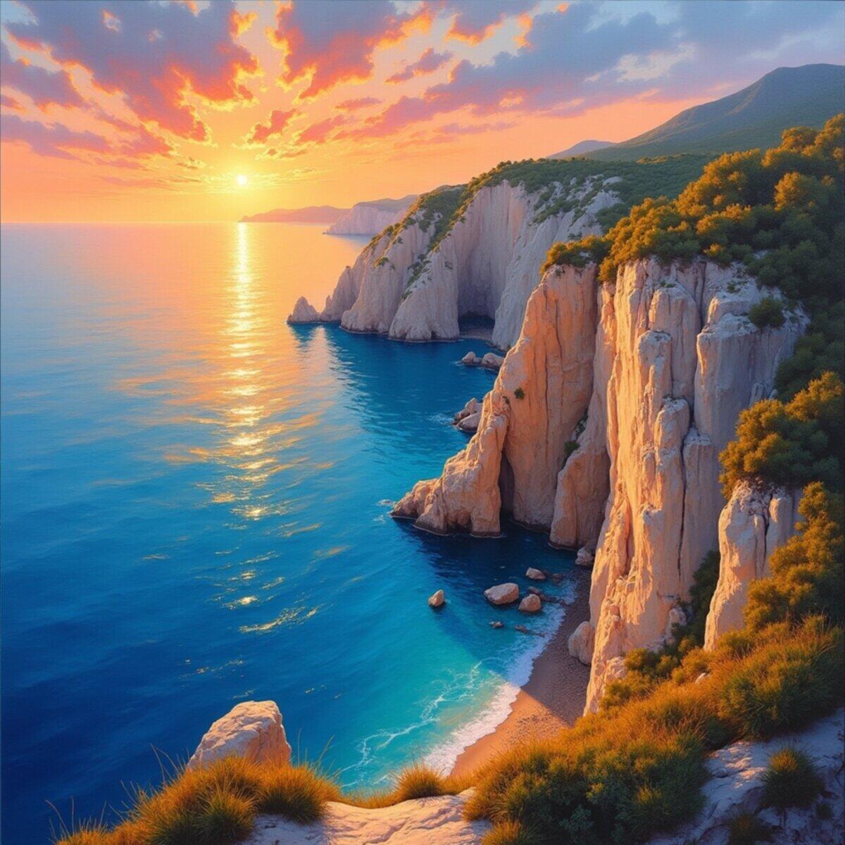 Landscape artwork: Coastal Sunset Over Sea Cliffs in Impressionism style