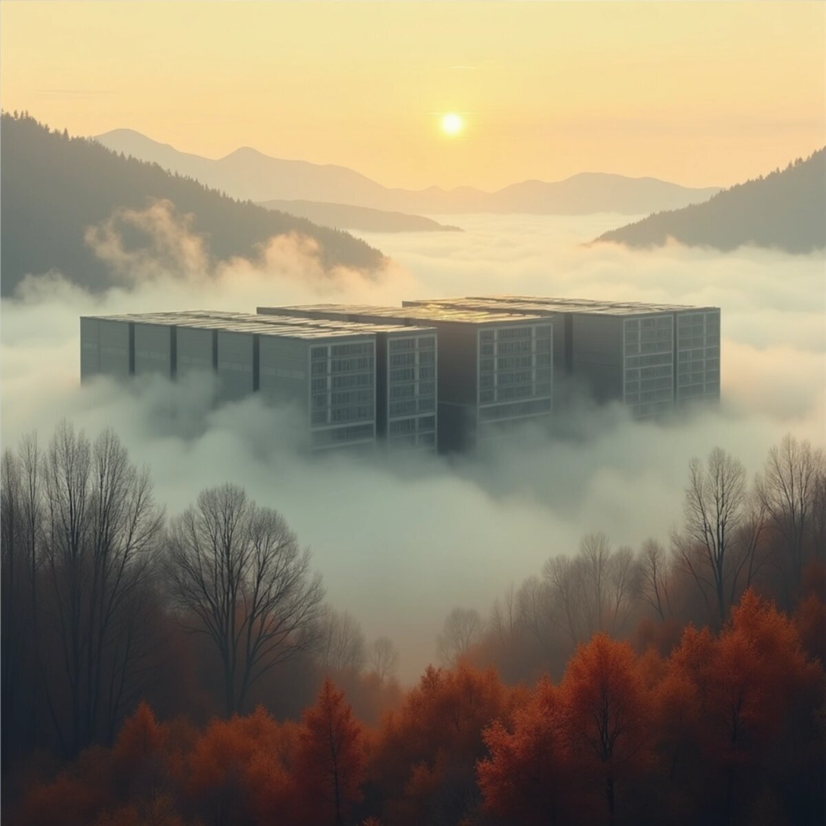 Landscape artwork: Server Farm in Autumn Fog in Impressionist style