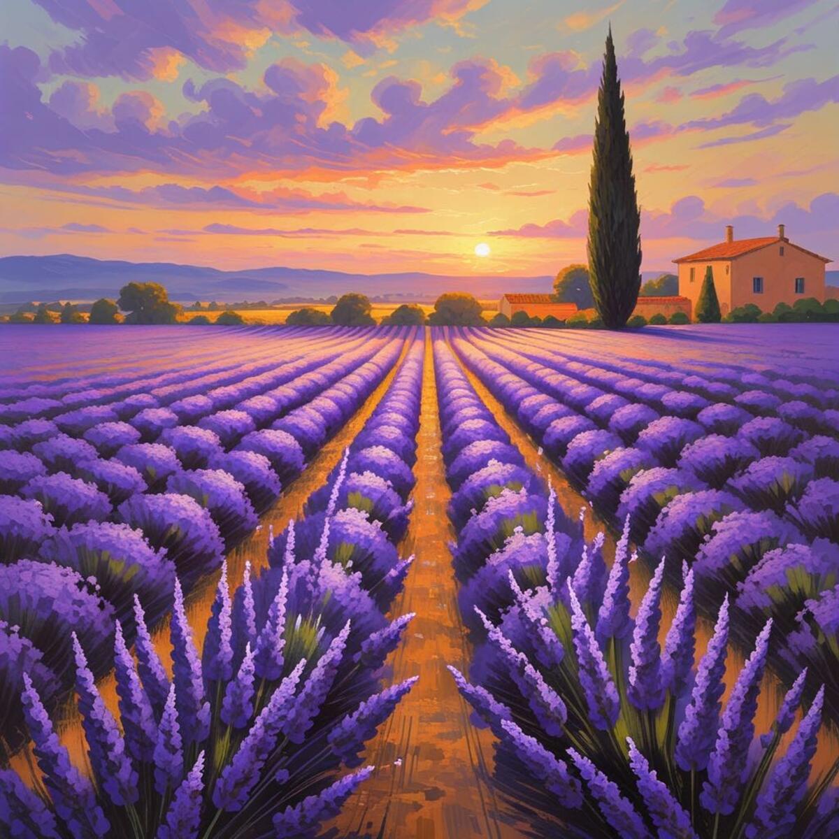 Landscape artwork: The Lavender Field at Dusk in Impressionism style