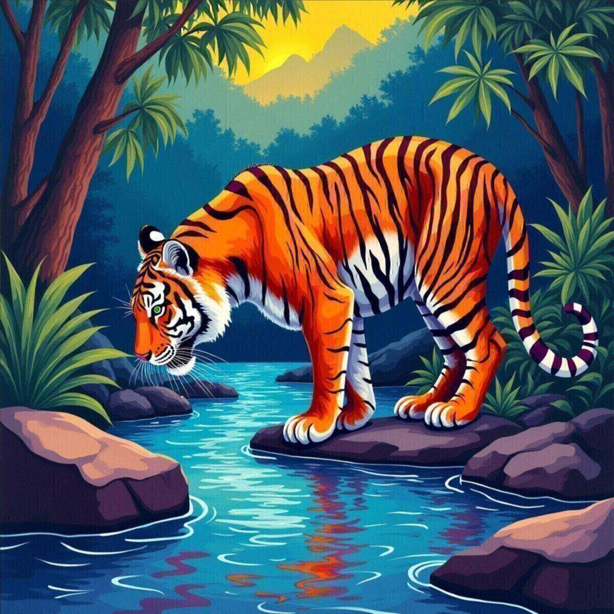 Nature artwork: Wild Tiger at Mountain Stream in Fauvism style