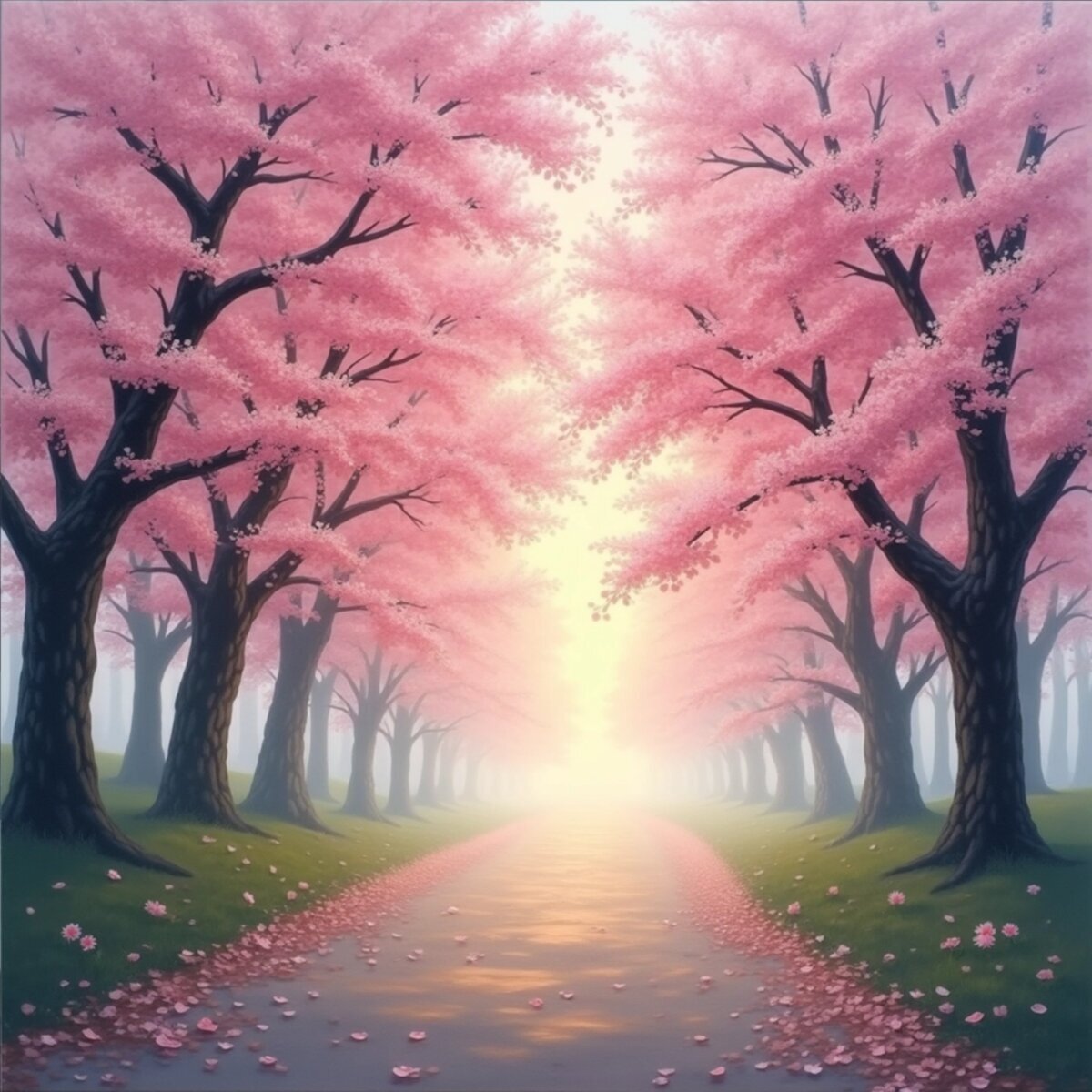 Nature artwork: Cherry Blossom Dawn - Morning Mist and Impressionist Light in Impressionism style