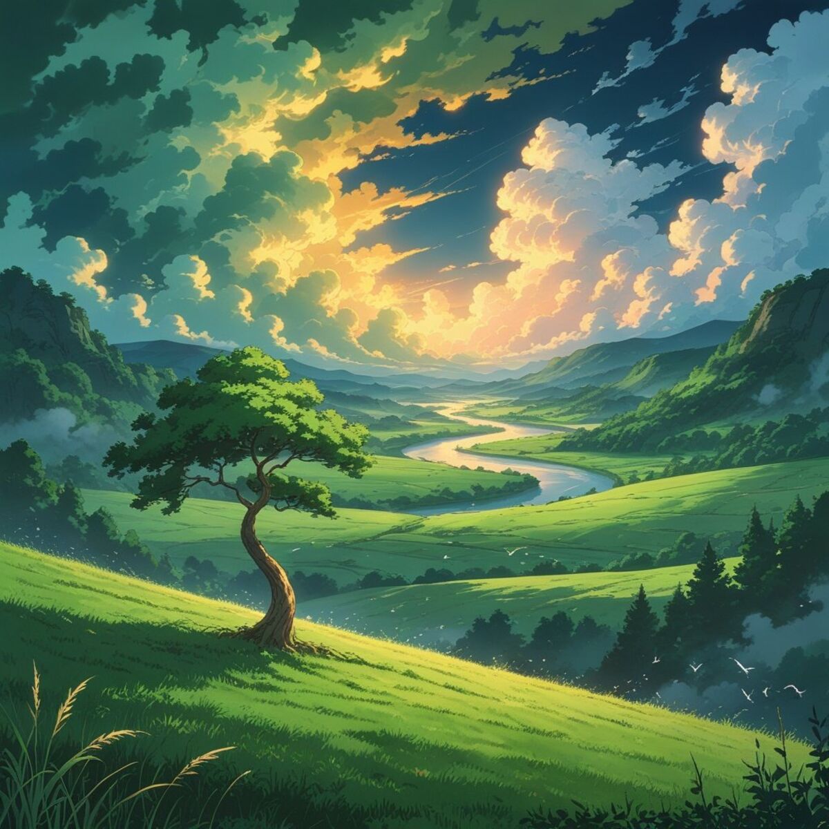 Nature artwork: The Valley Holds Its Breath in Anime art style