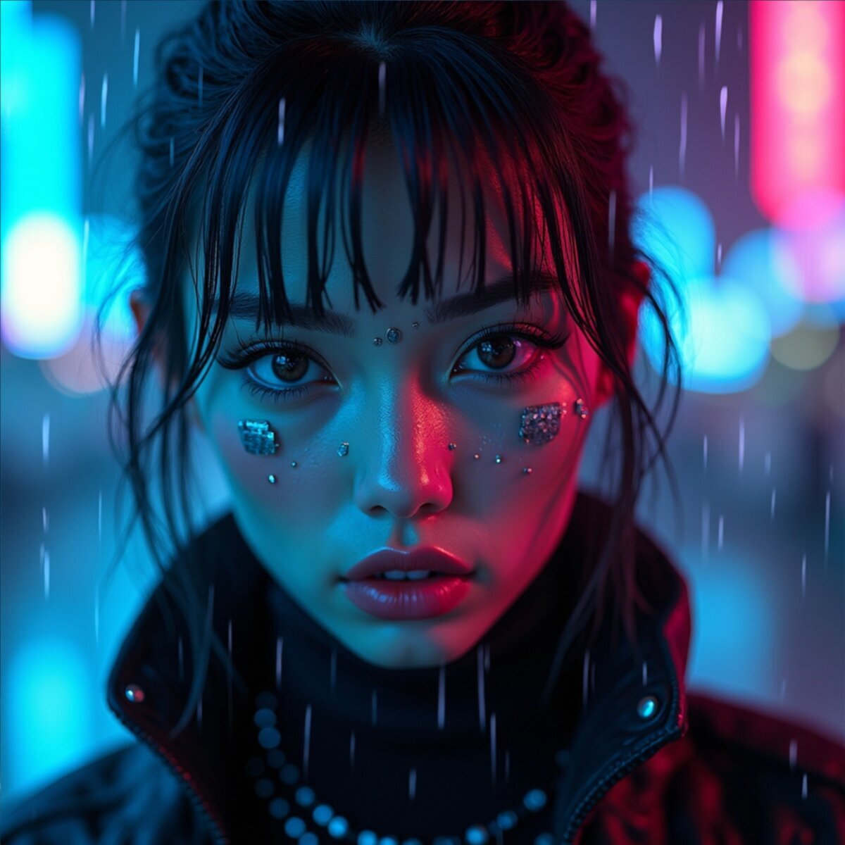 Portrait artwork: Neon Gaze: Cyberpunk Street Portrait in Photorealistic style