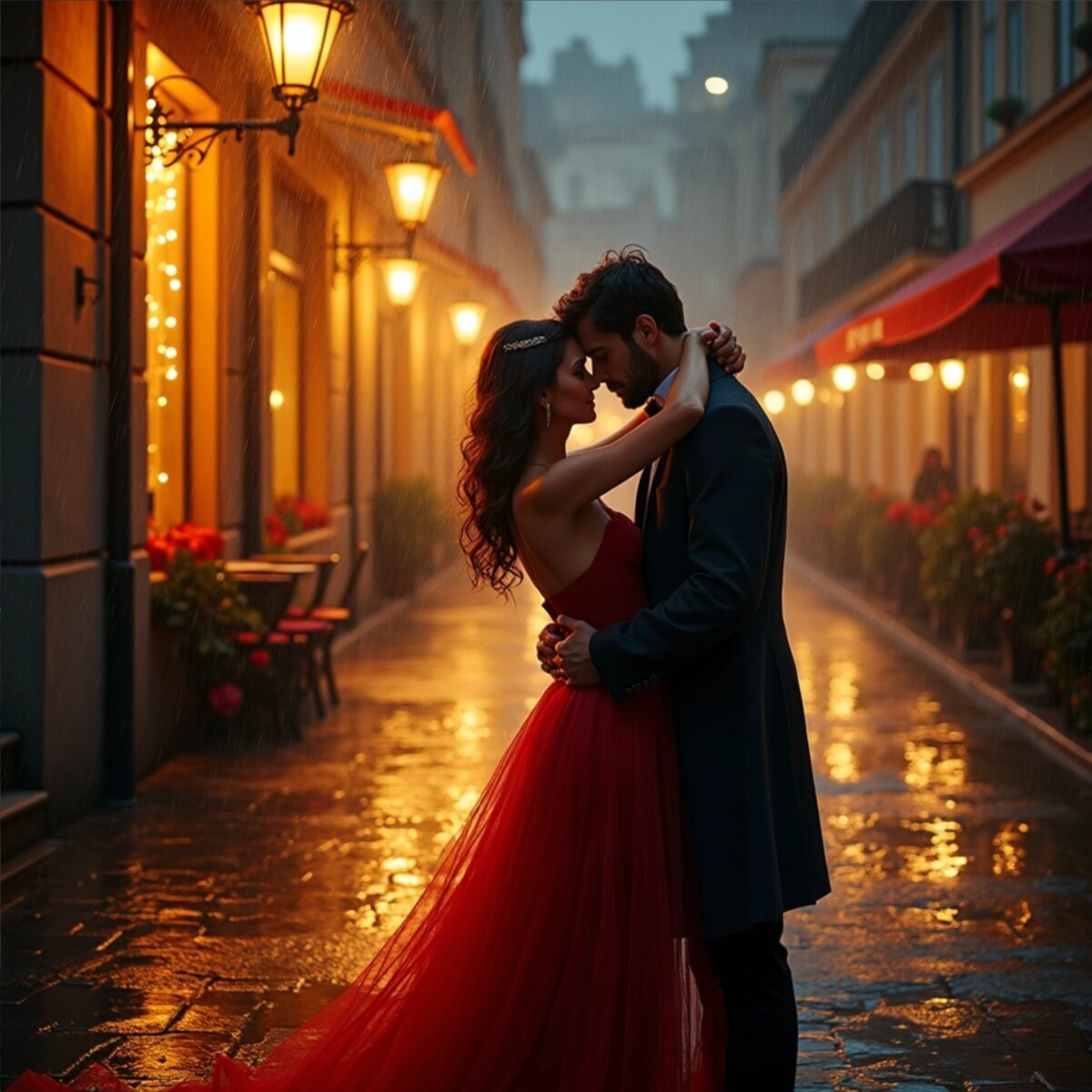 Romance artwork: Rain-Soaked Reunion in Impressionist style