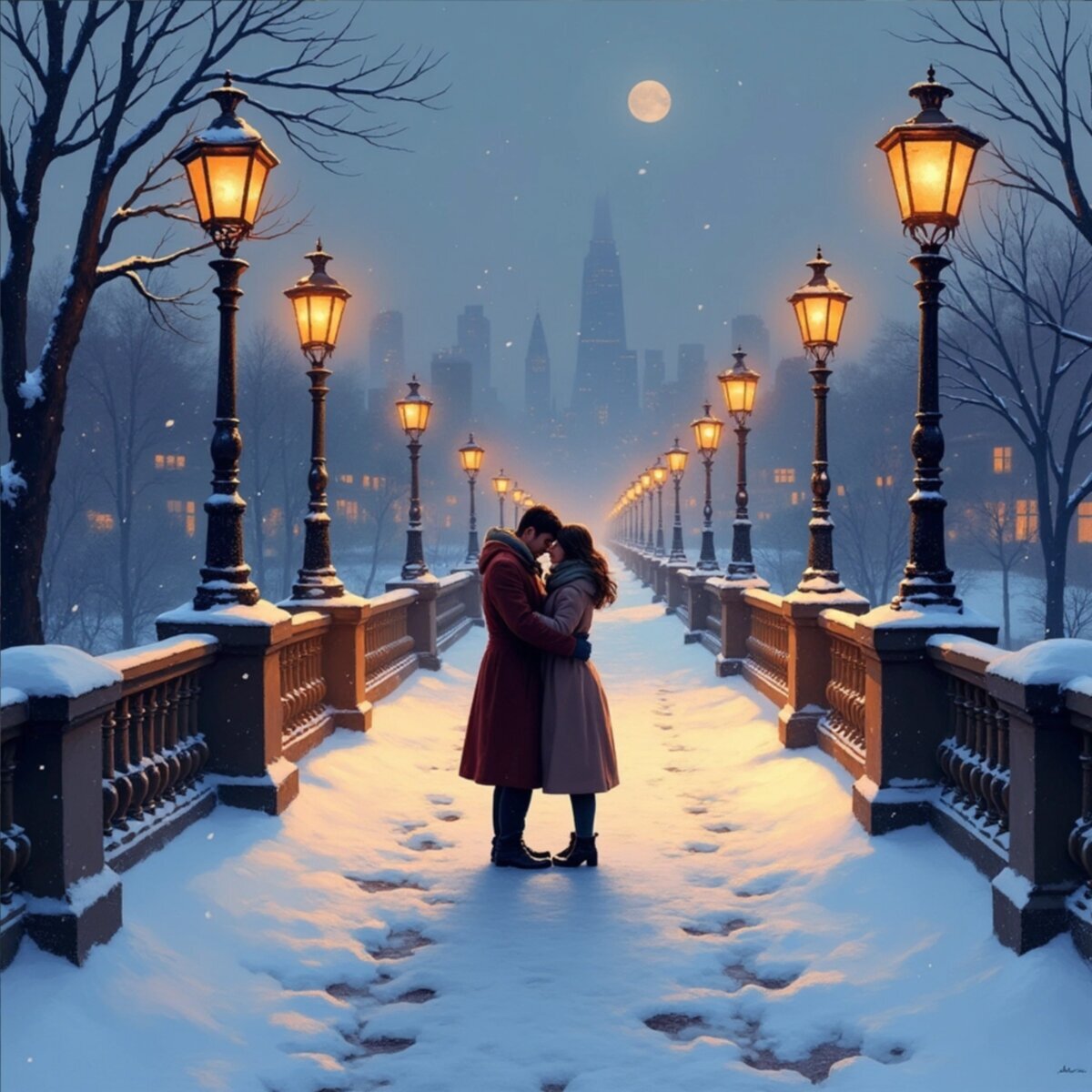 Romance artwork: Starlit Bridge Reunion in Impressionism style
