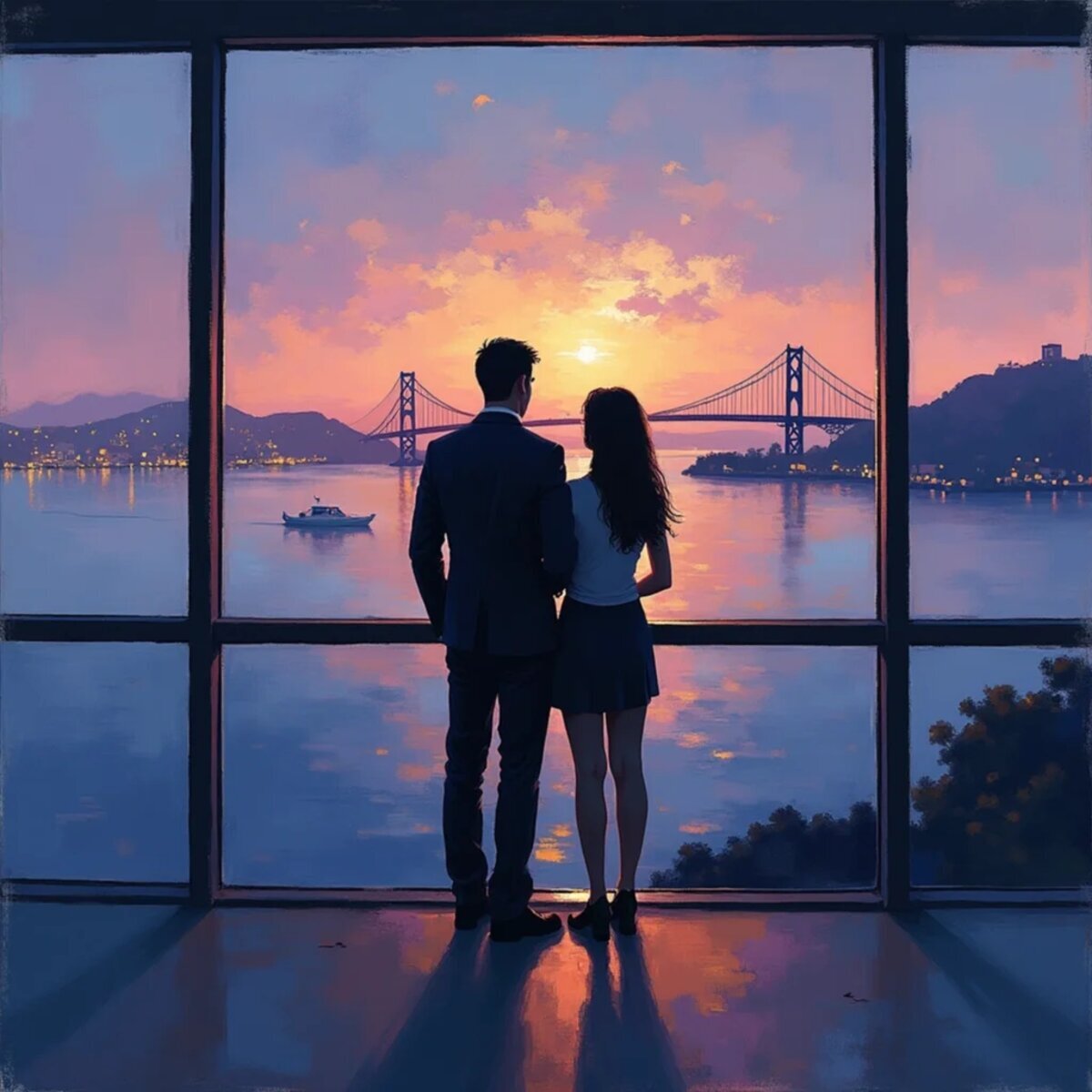 Romance artwork: Through the Boardroom Window at Twilight in Impressionism style