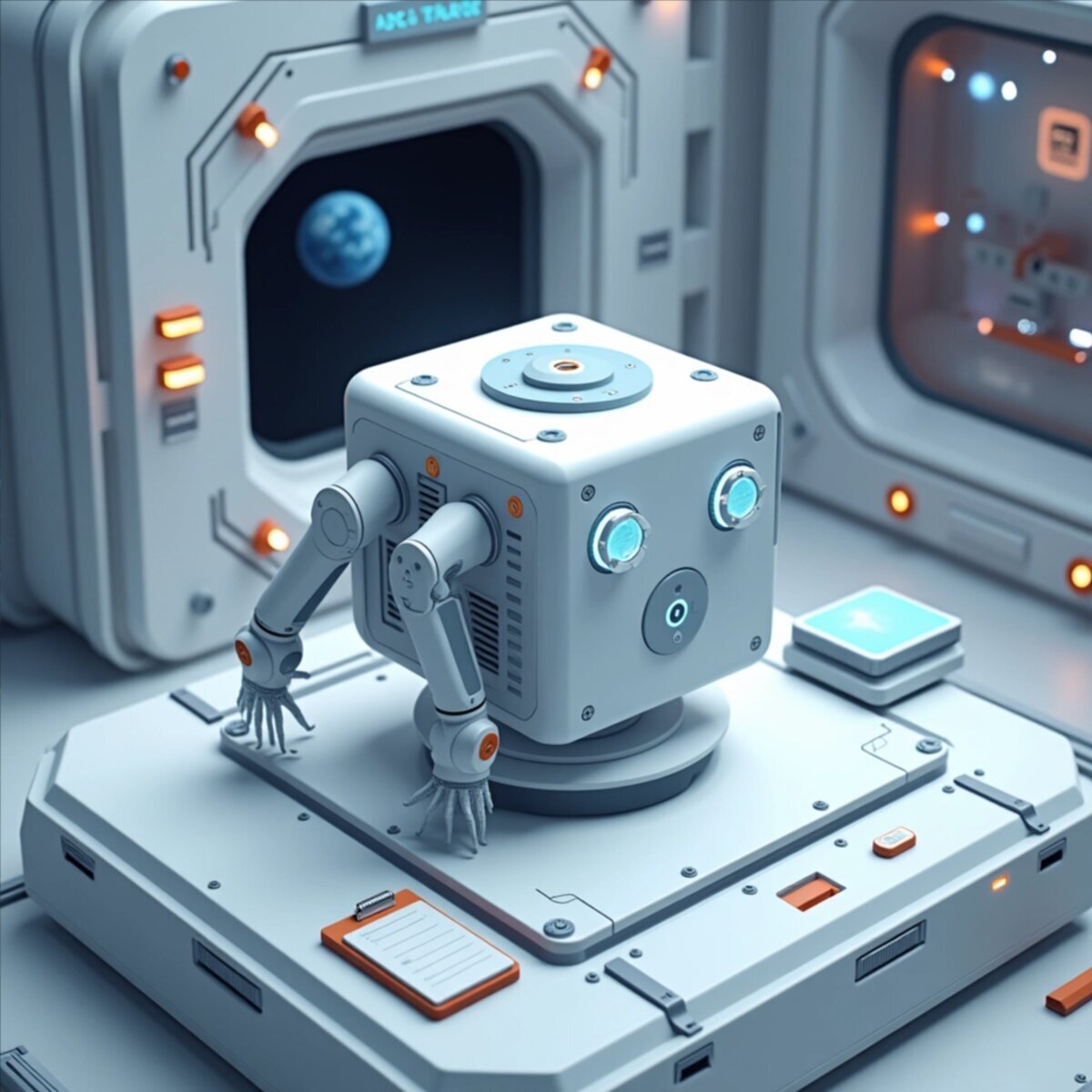 Sci-Fi artwork: Autonomous Navigation: ISS Robot at Work in 3D illustration style