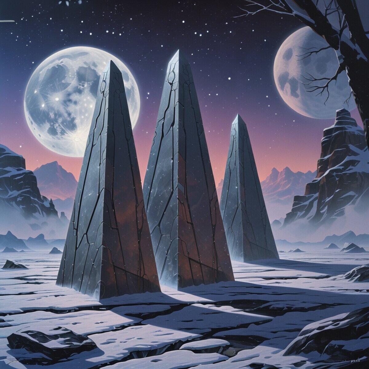 Sci-Fi artwork: The Three Sentinels of Vex Prime in 3D illustration style