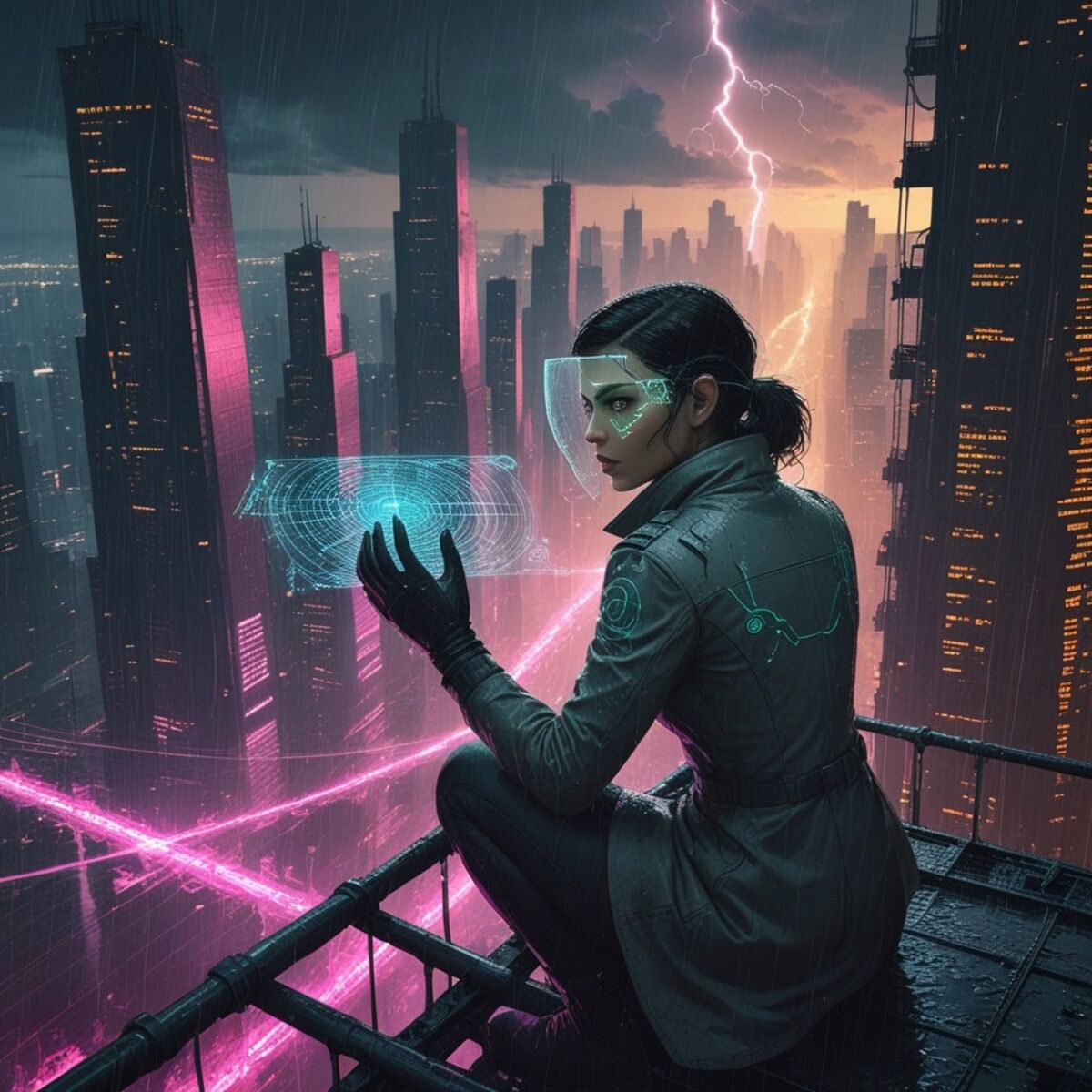 Sci-Fi artwork: The Cartographer of Neon in Cyberpunk style
