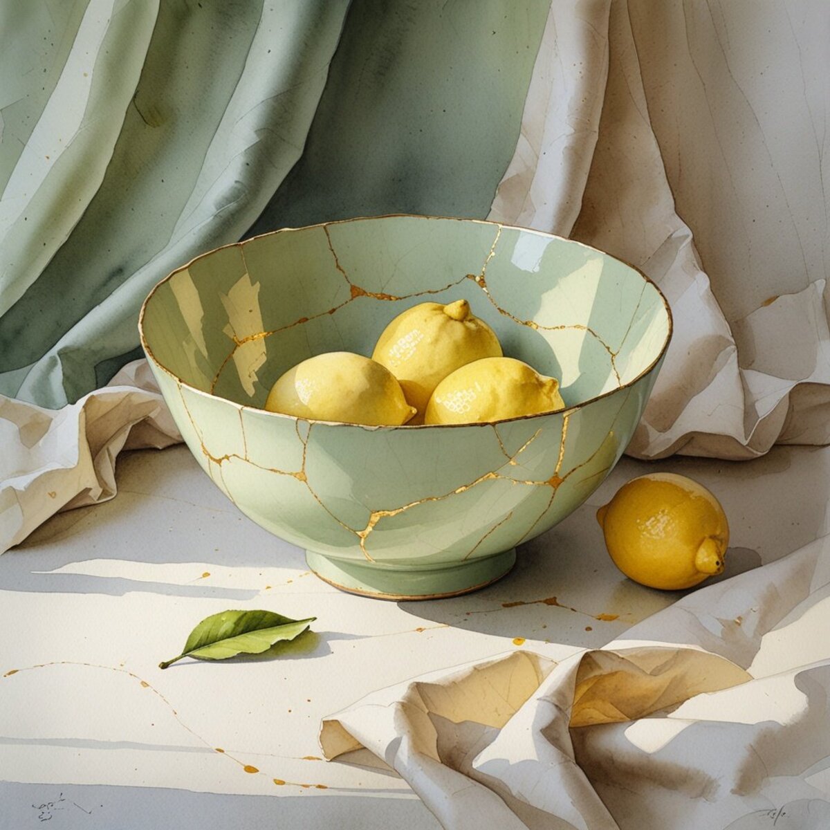 Still Life artwork: The Mended Bowl in Watercolor style