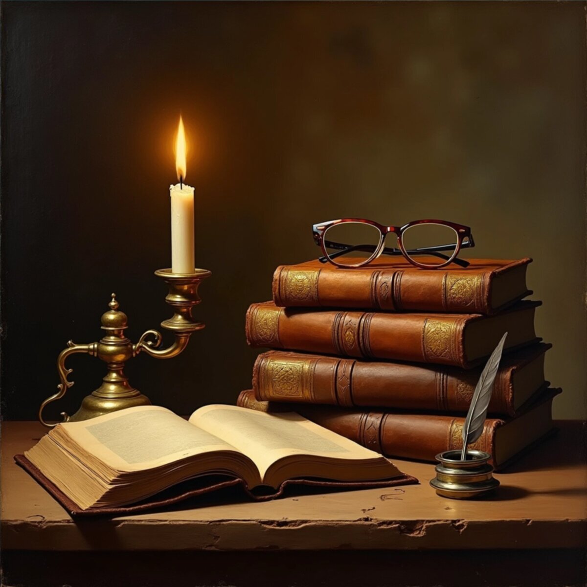 Still Life artwork: Antique Books by Candlelight in Oil Painting style