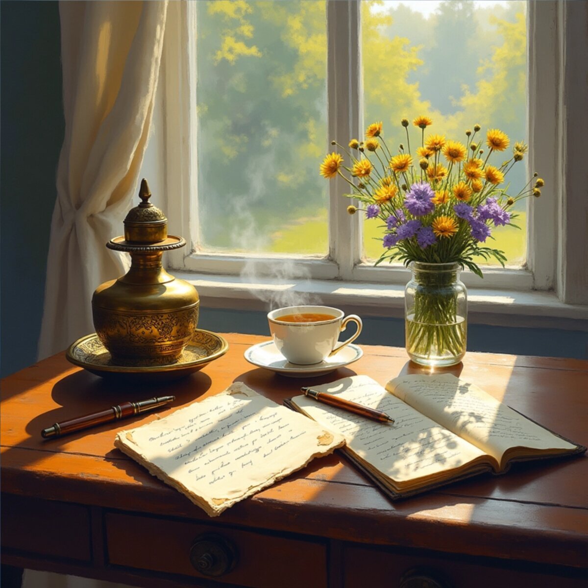 Still Life artwork: Morning Light on Writing Desk in Impressionism style