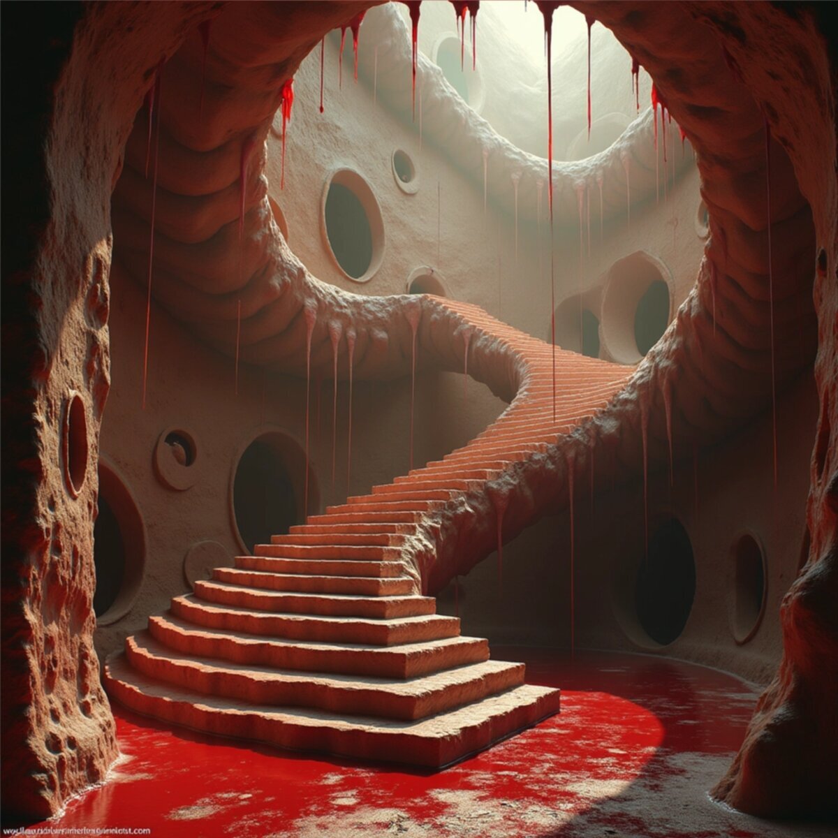 Surreal artwork: Infinite Staircase of Hands in Hyperrealistic Nightmare style