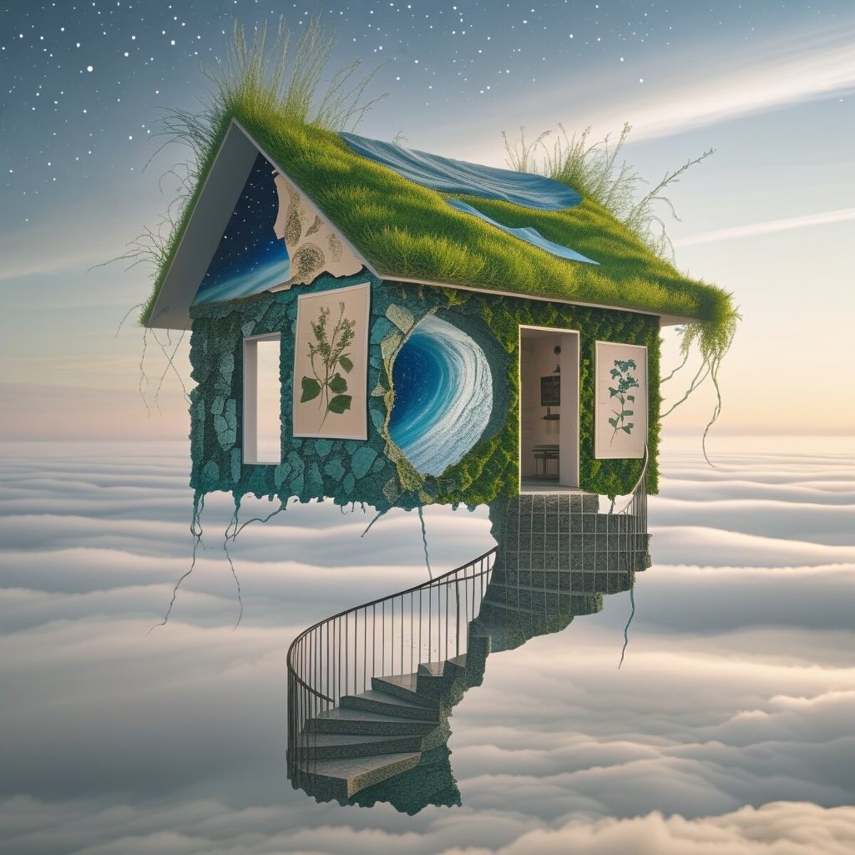 Surreal artwork: The House of Stitched Worlds in Collage art style
