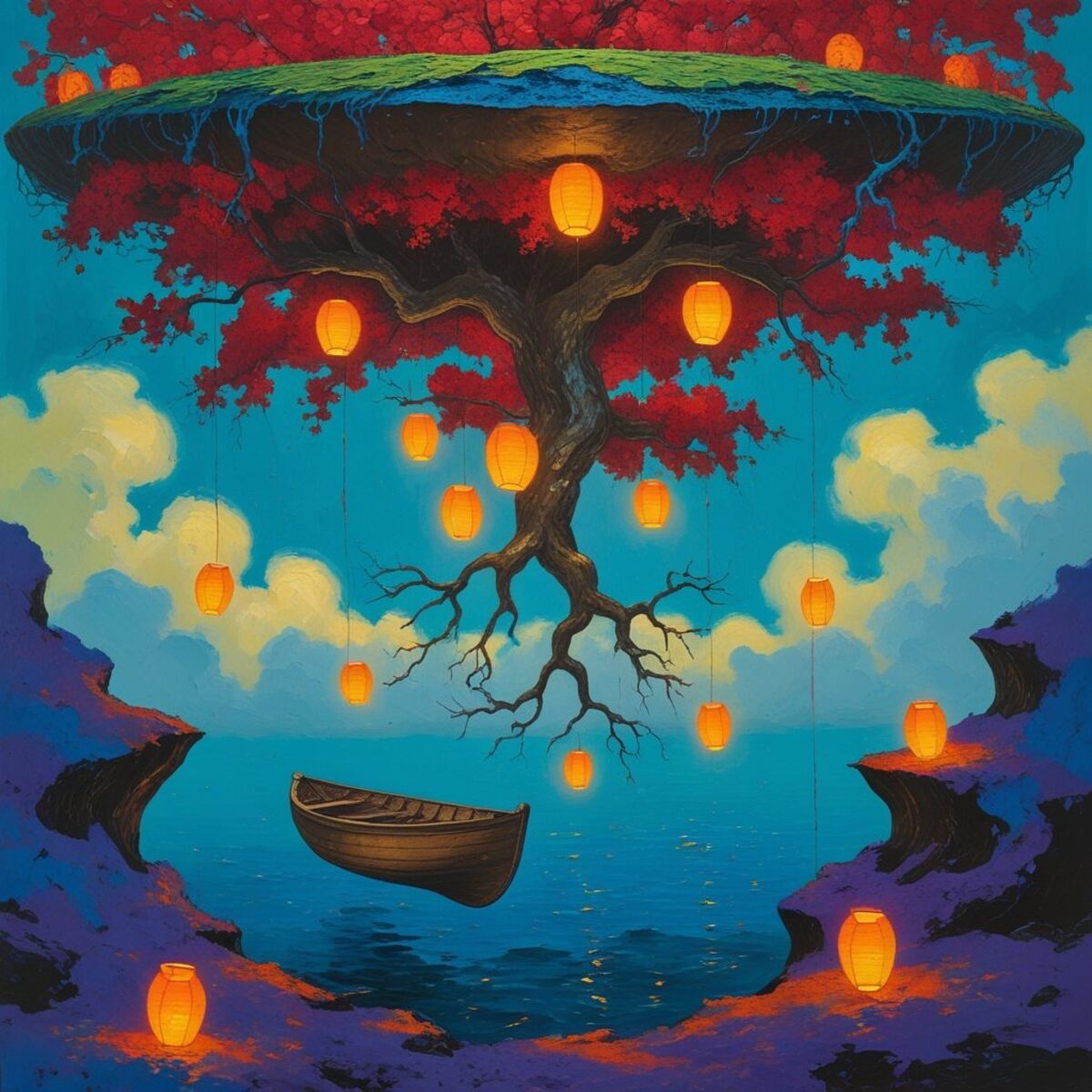 Surreal artwork: The Orchard That Grew From the Sky in Fauvism style