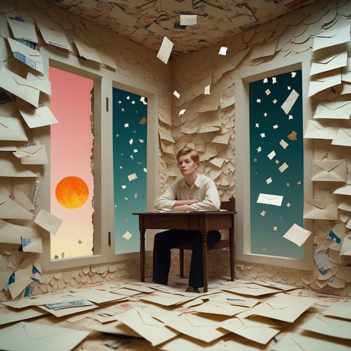 Surreal artwork: The Archivist of Unsent Letters in Collage art style