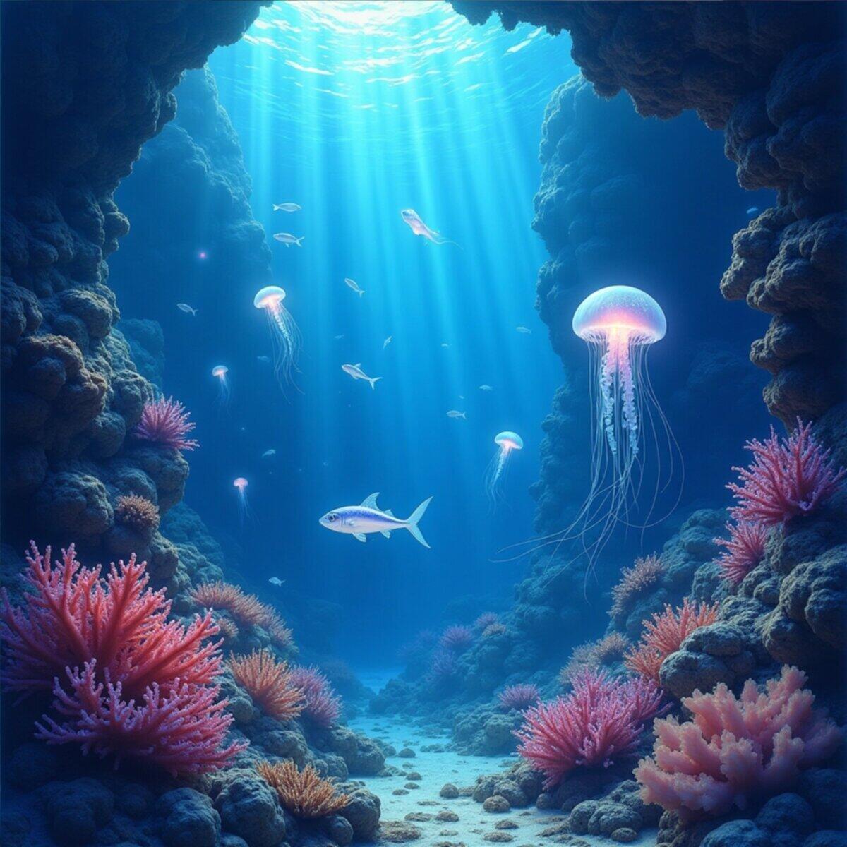 Underwater artwork: Bioluminescent Reef: The Deep Blue Glow in Watercolor style