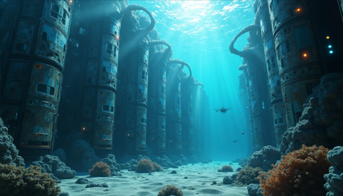 Underwater artwork: Subsea Data Sanctuary: Modular Server Pods in Ocean Depths in Digital art style