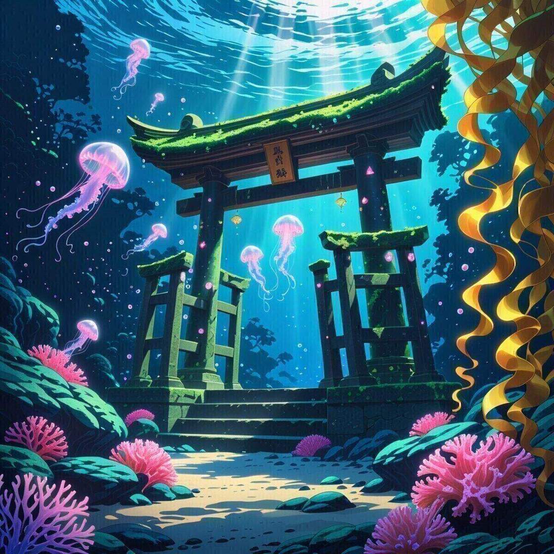 Underwater artwork: The Luminous Deep Shrine in Anime art style