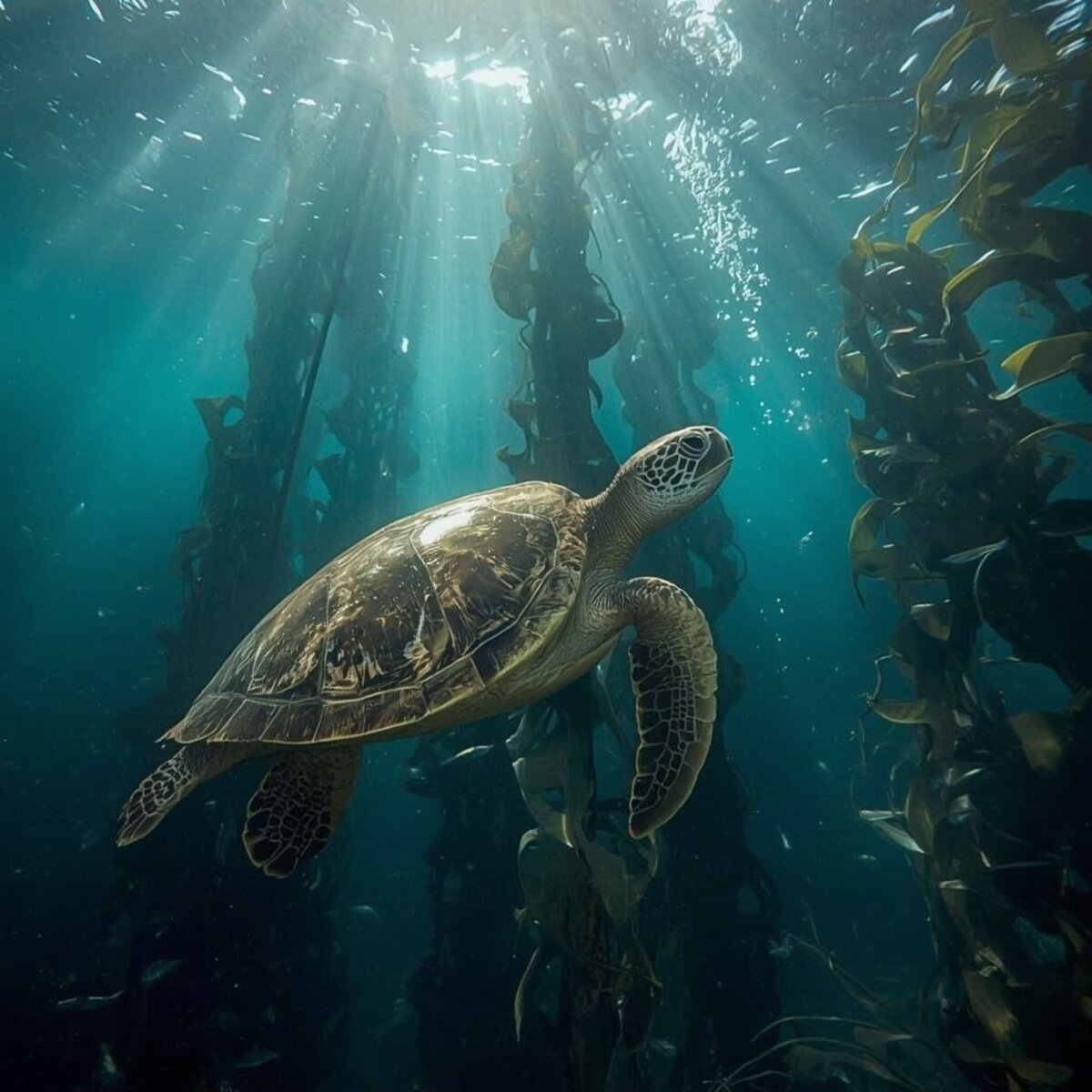 Underwater artwork: The Drift of the Green Turtle in Photorealism style