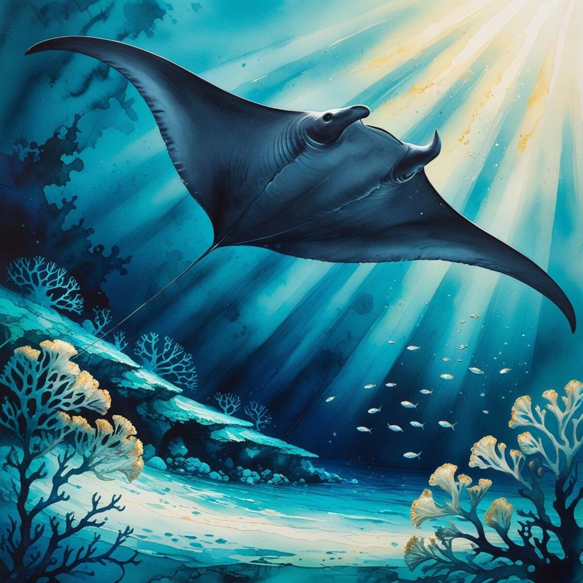 Underwater artwork: The Manta Passage in Watercolor style