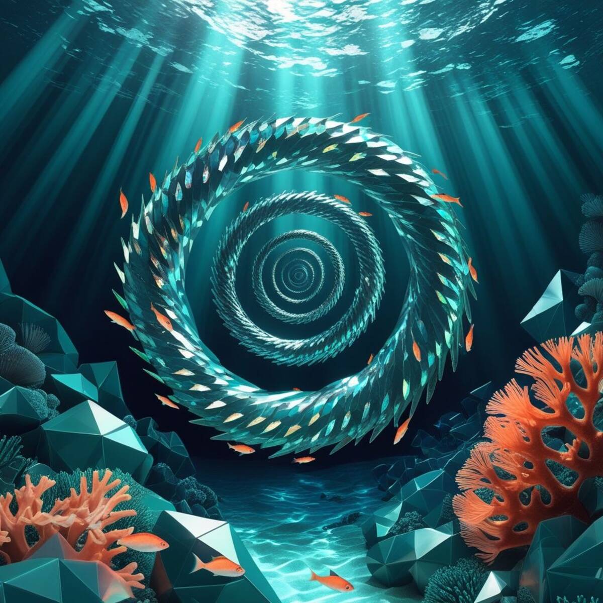 Underwater artwork: The Faceted Shoal in Geometry style