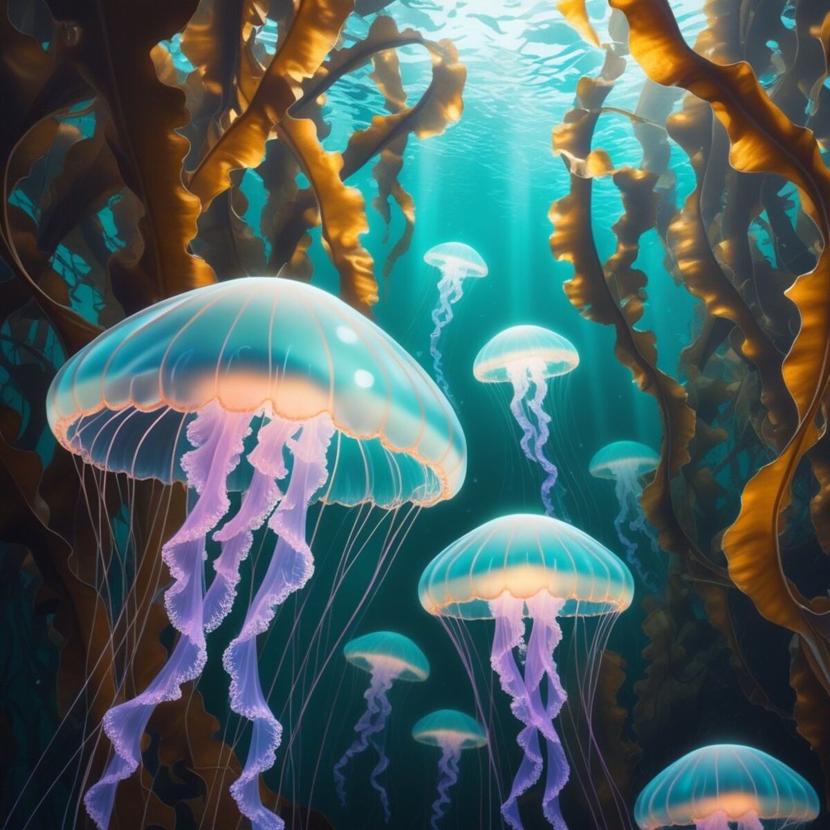 Underwater artwork: The Bioluminescent Kelp Cathedral (Underwater No. 12) in 3D illustration style