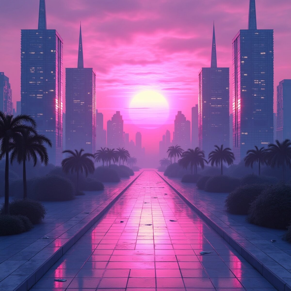 Urban artwork: Neon Grid Aesthetic: Vaporwave Urban Dreamscape in Vaporwave style