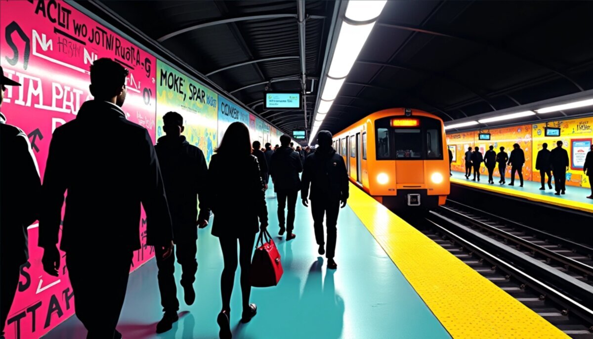 Urban artwork: Rush Hour Energy - Subway Platform Pop Art in Pop art style